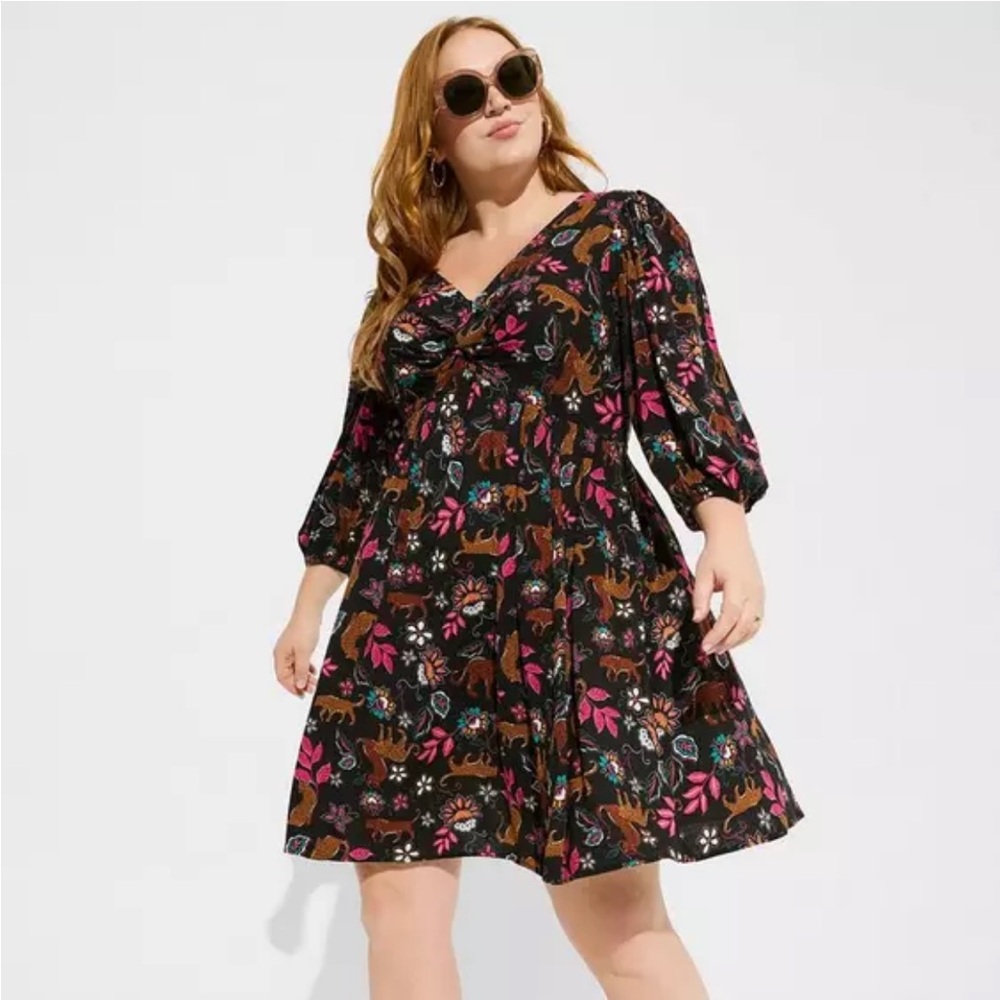 Torrid Black Floral Mini Rayon Slub Dress